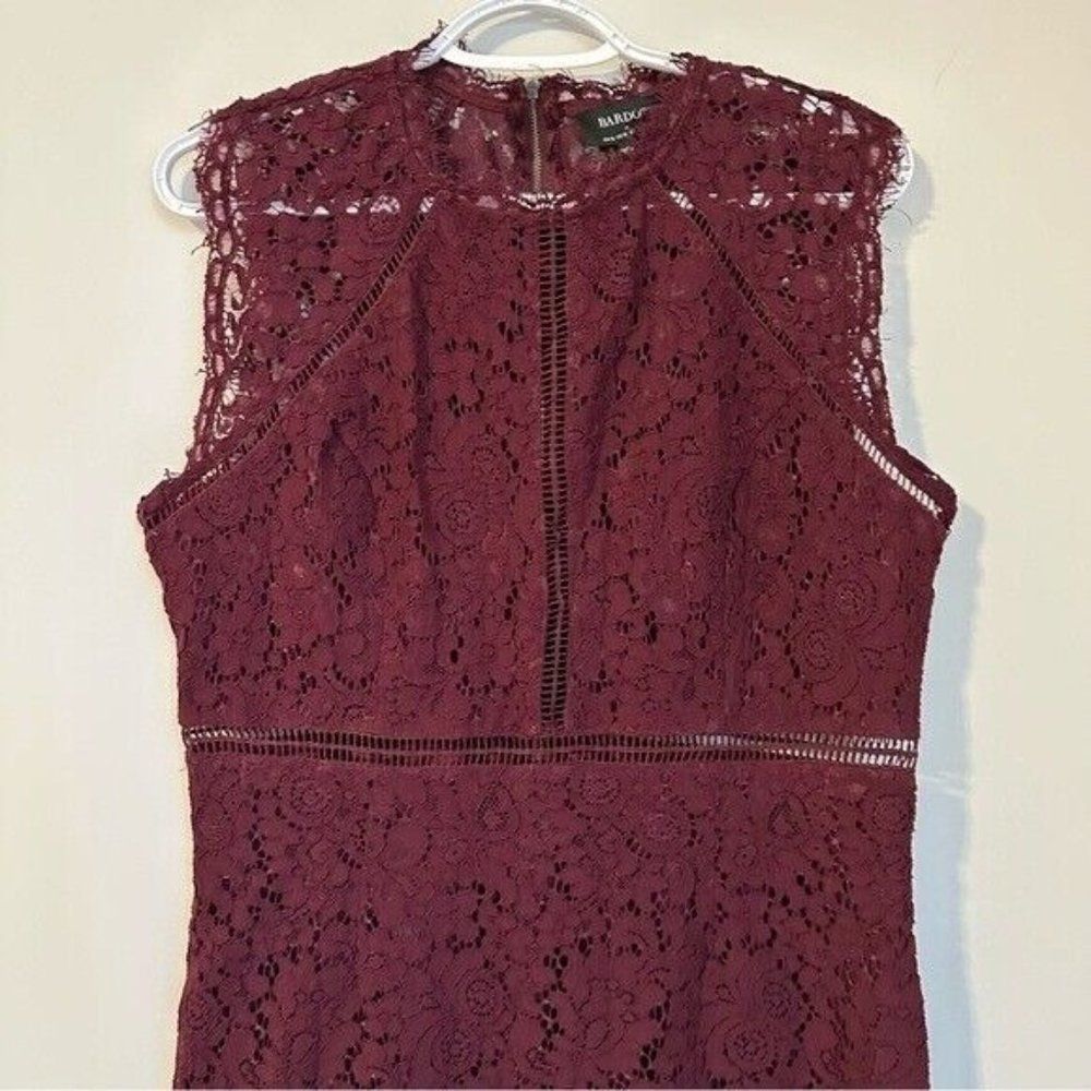 Bardot  Womens Burgundy Lace Zippered Mock Neck Floral Cocktail Sheath Dress 10 - Picture 4 of 12